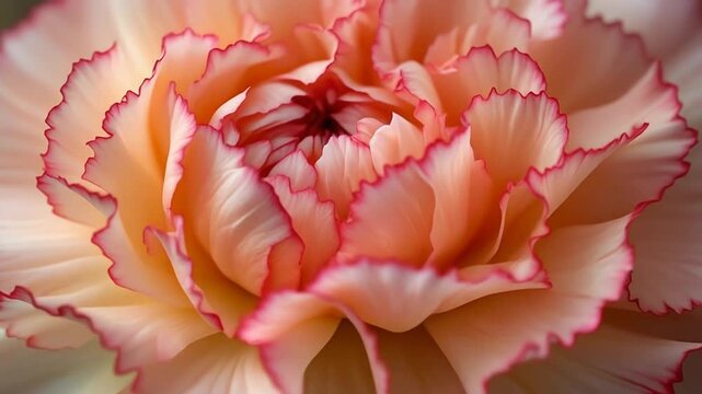 Closeup of a delicate peach and pink carnation flower with ruffled petals.