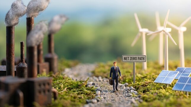Tiny businessman walking on a path towards net zero energy future while passing by industrial pollution and green power