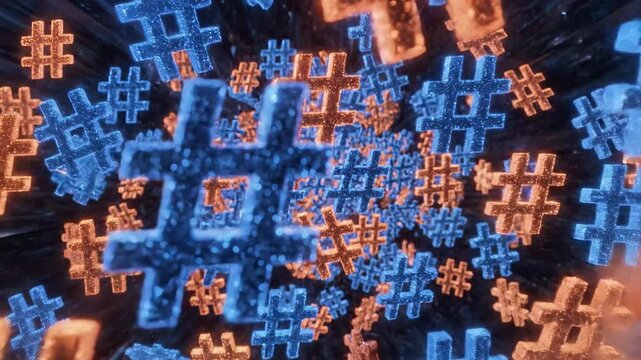 A close-up of vibrant orange and blue hashtag symbols floating in a dark blurred background