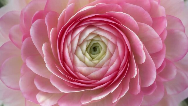 Closeup of a delicate pink ranunculus flower with intricate petals forming a spiral pattern.