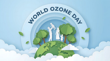 Fototapeta premium World Ozone Day, family on earth with trees and rainbow