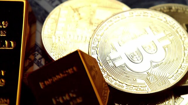 Bitcoin coins shine vividly next to gold bars, creating a striking display of wealth and investment potential in a modern setting filled with opportunity