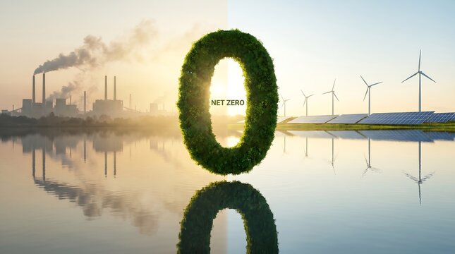 Large green zero number made of leaves floating above calm water representing global net zero carbon emission reduction climate goals