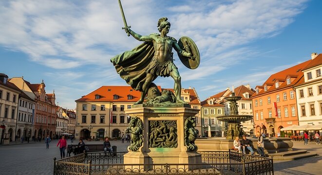 Statue of Neptune with trident in historic city square.