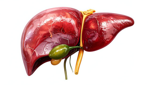 Isolated human liver with gallbladder and bile duct, detailed anatomical illustration for medical and health concepts