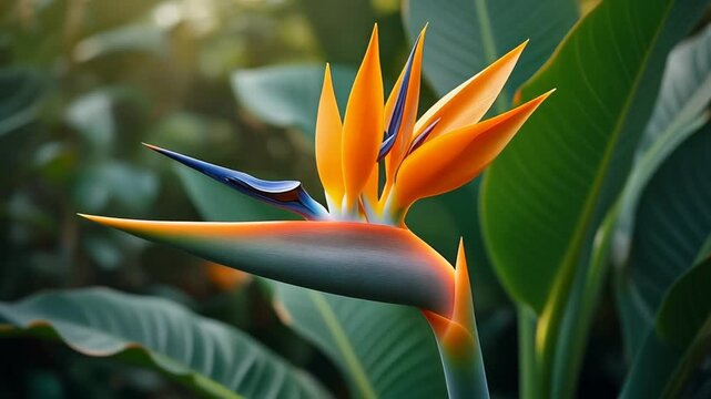 Closeup of a vibrant Bird of Paradise flower in bloom.