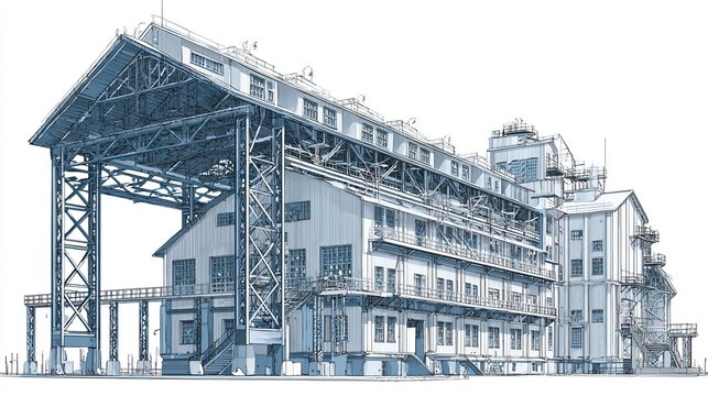Industrial factory building with steel structure and architectural design, a sketch