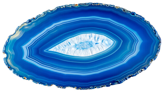 Isolated vibrant blue agate slice with intricate concentric rings and crystalline center, polished mineral texture, natural banded pattern, geode slice background