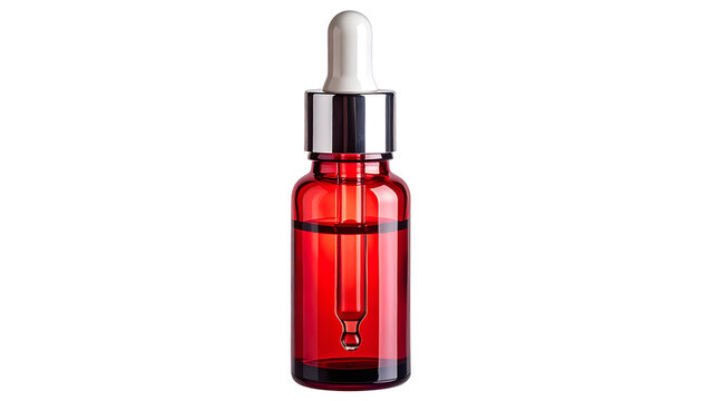 Isolated red glass dropper bottle filled with red liquid, shiny silver cap, cosmetic serum or essential oil packaging