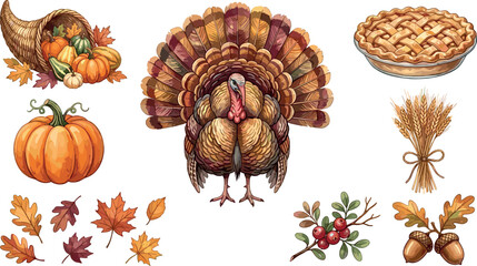 Watercolor Thanksgiving Vector Illustration Set featuring Traditional Turkey, Cornucopia Horn of Plenty, Pumpkin Pie, Wheat Sheaf, and Autumn Harvest Maple Leaves © DarparajDab