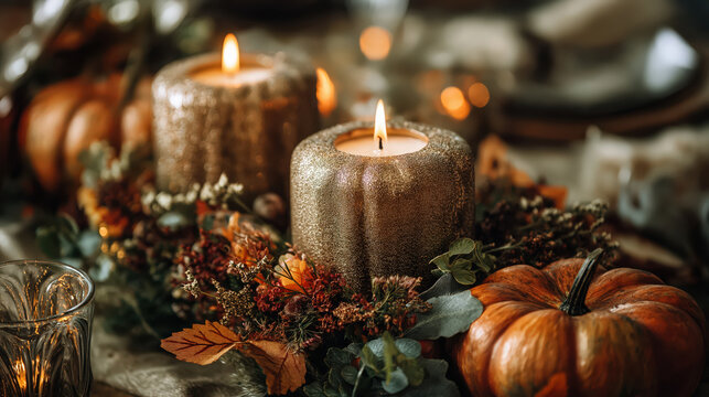 Thanksgiving centerpiece, autumn candle arrangement, pumpkin decor, fall table setting, warm candlelight, festive harvest