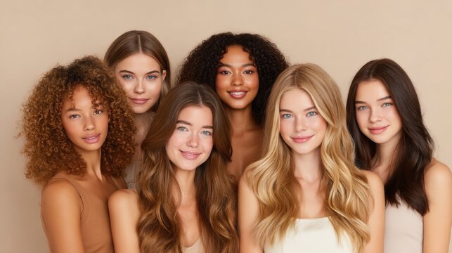 Diverse group of women showcasing healthy and beautiful hair textures and styles. Inclusive beauty concept celebrating hair care across cultures, confidence, self care and natural diversity