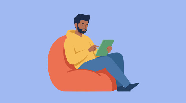 Professional man using digital tablet in modern flat design vector illustration for app business and tech presentations technology presentation lines