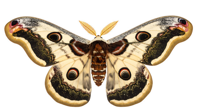 Large beige moth with distinctive eye spots on wings, detailed insect, isolated cutout on white