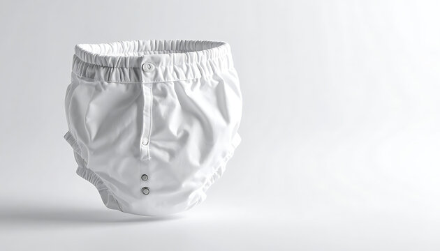 Isolated white baby diaper with elastic waistband and button closure on a clean light grey background, studio shot