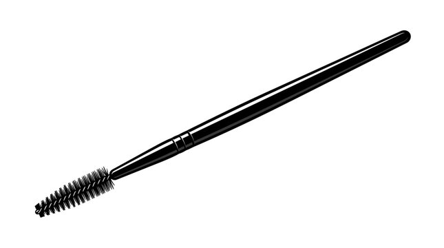 Close-up of a black mascara wand with a spoolie brush on a white background.