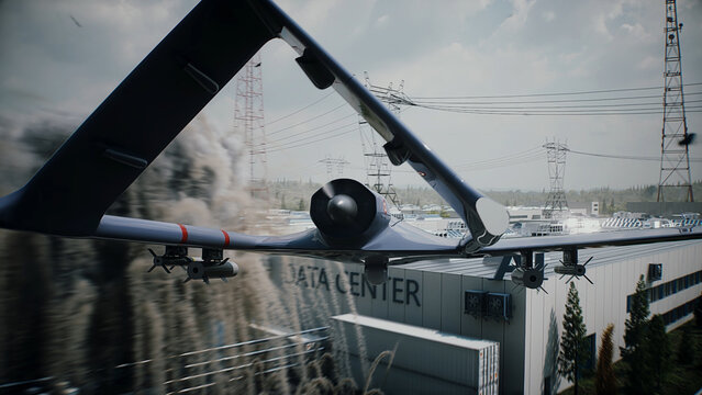 Drone Strike on Data Center, AI Backlash and Anti-Artificial Intelligence Protest Concept. Fire, explosion. 3d rendering.