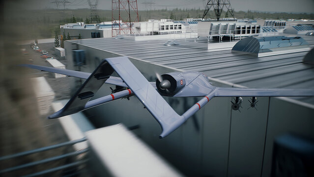 Drone Strike on Data Center, AI Backlash and Anti-Artificial Intelligence Protest Concept. Fire, explosion. 3d rendering.