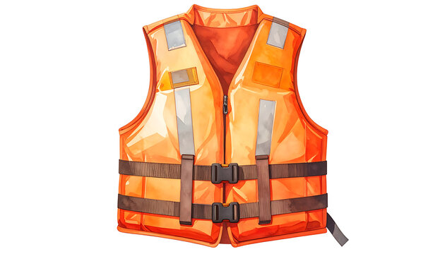 Isolated orange life vest with reflective straps and buckles, safety equipment for water sports and boating, PFD