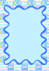 Fototapeta premium Nautical Blue Stripe Card Template with Wavy Marine sardine Borders