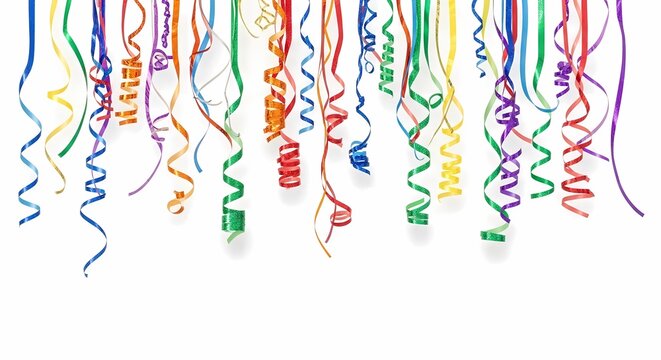 Colorful hanging party streamers and confetti on white background.
