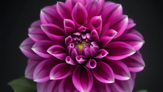 Closeup of a vibrant purple dahlia flower in full bloom isolated on a dark background.