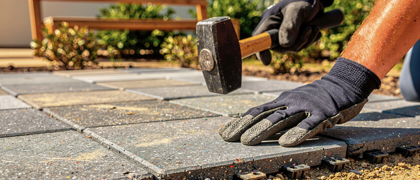 Worker installing speckled recycled plastic tiles with a mallet. Eco friendly patio paving process