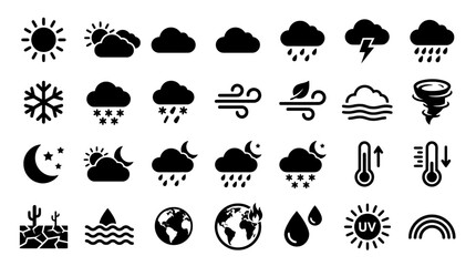 Fototapeta premium Black weather icons set showing sun rain snow wind and temperature symbols. EPS Editable. Vector Illustrations.