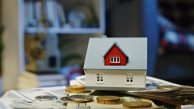 Miniature houses sit atop a bed of cash and coins, symbolizing dreams of home ownership. The warm lighting creates a feeling of comfort and hope for the future
