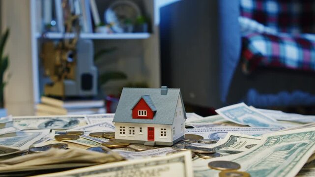 In a warm indoor space, a charming model home rests on a pile of cash and coins. The joyful anticipation of homeownership and financial planning fills the air