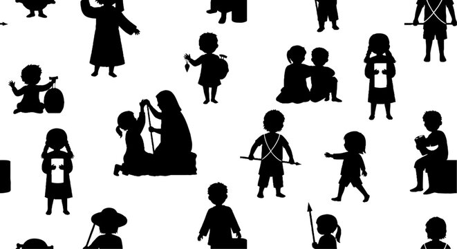 Silhouette Figures Showcasing Various Human Activities and Interactions.