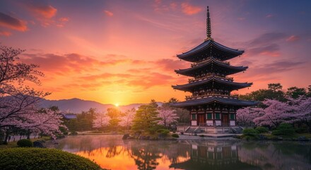 Fototapeta premium Stunning Japanese Pagoda at Sunset with Cherry Blossoms in Spring