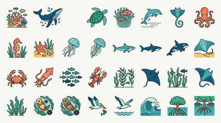 Obraz premium Collection of marine life and ocean animal vector icons. EPS Editable. Vector Illustrations.