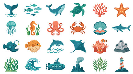 Obraz premium Collection of marine life and ocean animals vector icons set. EPS Editable. Vector Illustrations.