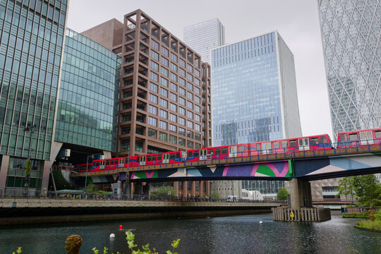 A Docklands Light Railway train in Canary Wharf, London, England