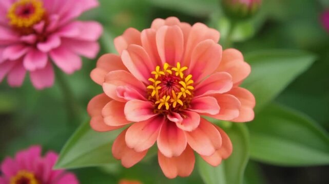 Closeup of a vibrant orange zinnia flower in full bloom.