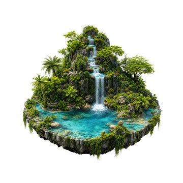 Floating island with lush tropical vegetation and cascading waterfall.