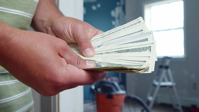 In a cozy, light-filled space, a man carefully counts his dollar bills, calculating how much to spend on materials for his desired home renovation