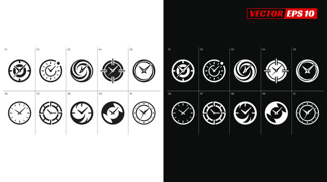 Collection of Clock Icons Representing Time and Task Completion.