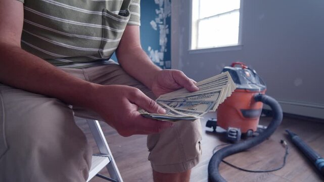 A man carefully counts dollar bills as he assesses the costs for materials needed in his home renovation project. He considers each detail thoughtfully