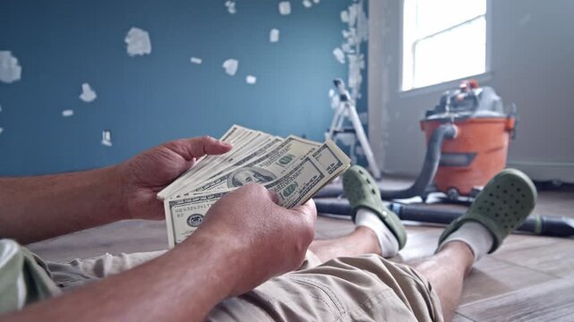 A man carefully counts cash to determine the budget needed for home repairs. The empty room shows a need for renovation and focus on planning