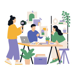 Fototapeta premium Remote collaboration video call setup at home office illustration.