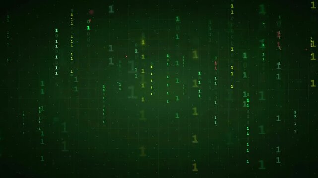 Abstract digital binary code rain falling on a dark green technological background for data concepts