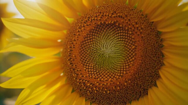 Cinematic Extreme Macro Slow Zoom into Sunflower Face Revealing Intricate Spiral Seed Pattern