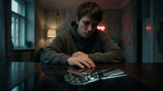 A concept image showing a person looking down at their own hands in a dimly lit room. Symbolizes self-doubt, feeling inferior to AI efficiency, and identity crisis