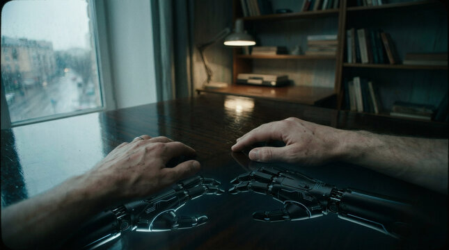 A concept image showing a person looking down at their own hands in a dimly lit room. Symbolizes self-doubt, feeling inferior to AI efficiency, and identity crisis