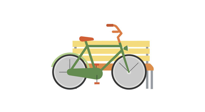 Green bicycle with a red seat and handlebars parked next to a wooden bench.