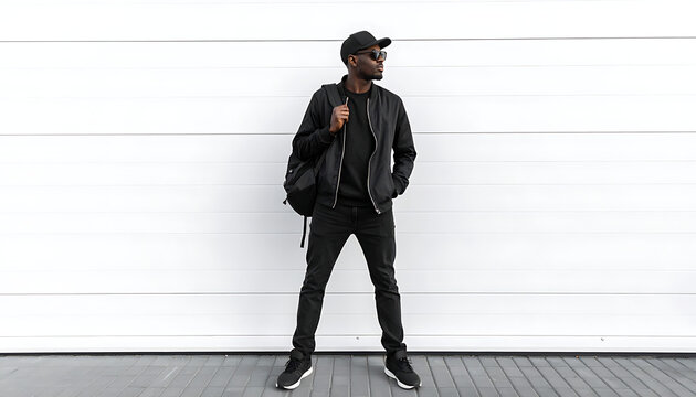 Man wearing black bomber jacket, cap, sunglasses and backpack standing against a white corrugated wall, urban style