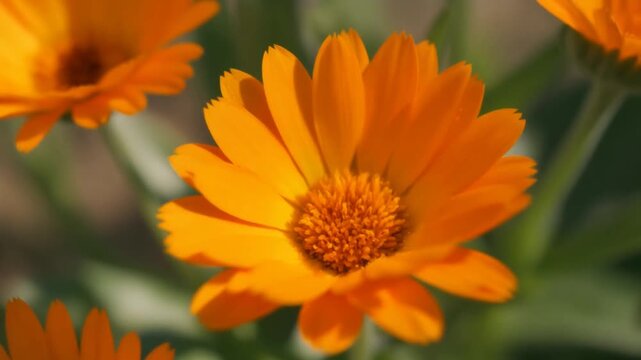Closeup of an orange calendula flower bud opening.
