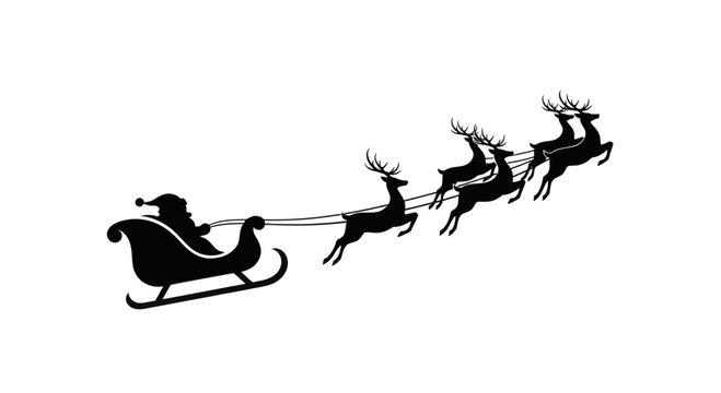 Santa Claus Sleigh and Reindeer Silhouette Flying Across White Background.
